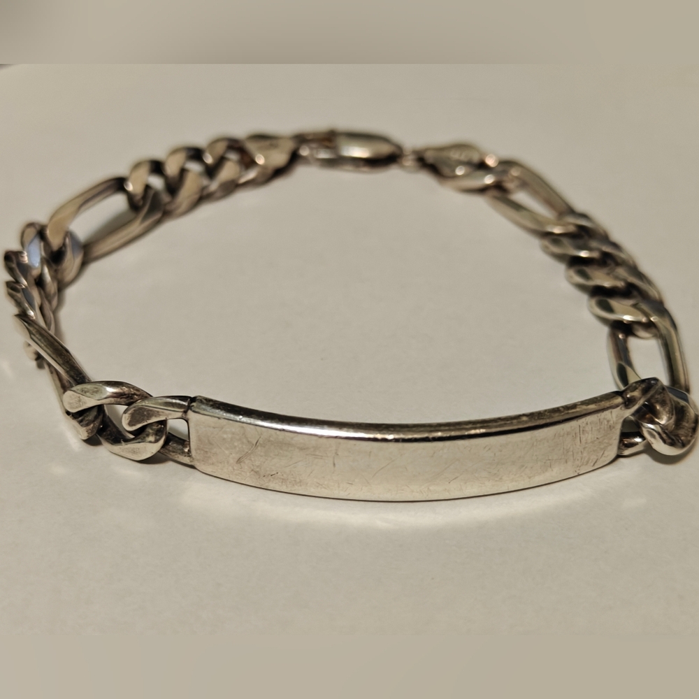 Men's Silver ID Tag Figaro Chain Bracelet 8"